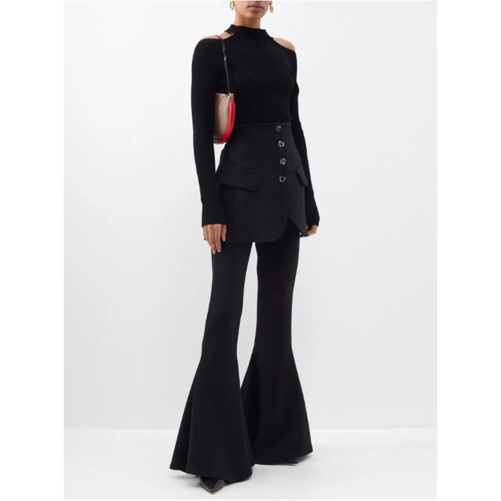 High-Waist Black Wide-Leg Flare Knit Pants